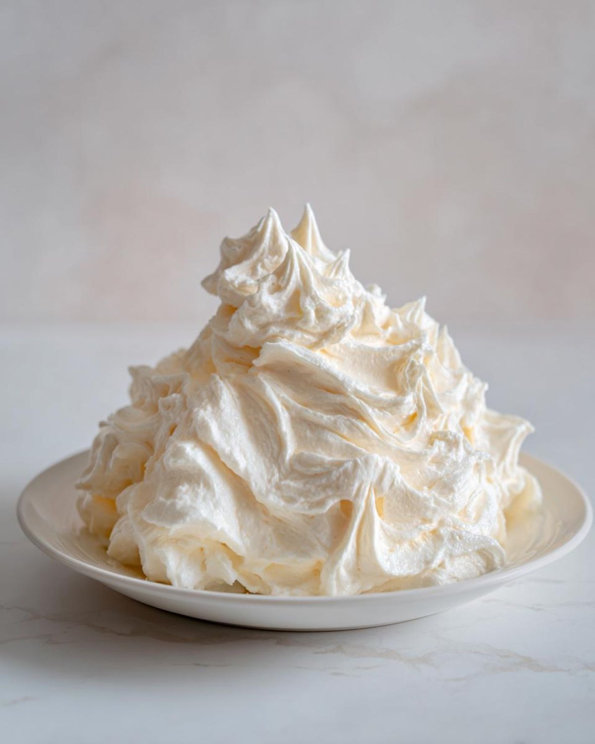 A generous mound of perfectly piped, creamy vanilla buttercream frosting sitting on a white plate.