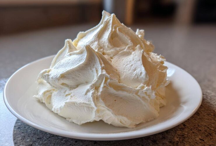 A generous mound of freshly piped, fluffy vanilla buttercream frosting sitting on a small white plate.