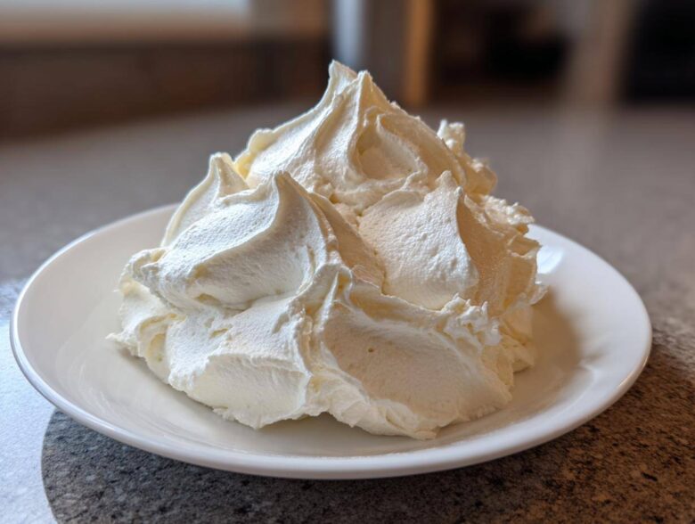 A generous mound of freshly piped, fluffy vanilla buttercream frosting sitting on a small white plate.