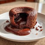 A freshly baked chocolate lava cake with a portion cut out, showing the molten chocolate center oozing onto a white plate.