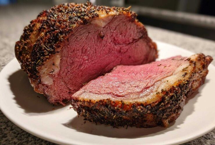 A juicy, medium-rare prime rib recipe roast, sliced to show the pink center and dark herb crust.