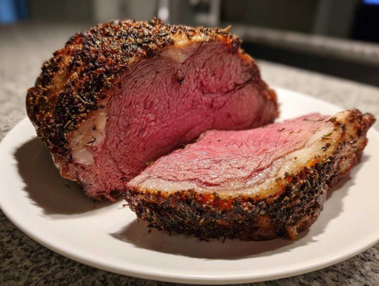 A juicy, medium-rare prime rib recipe roast, sliced to show the pink center and dark herb crust.
