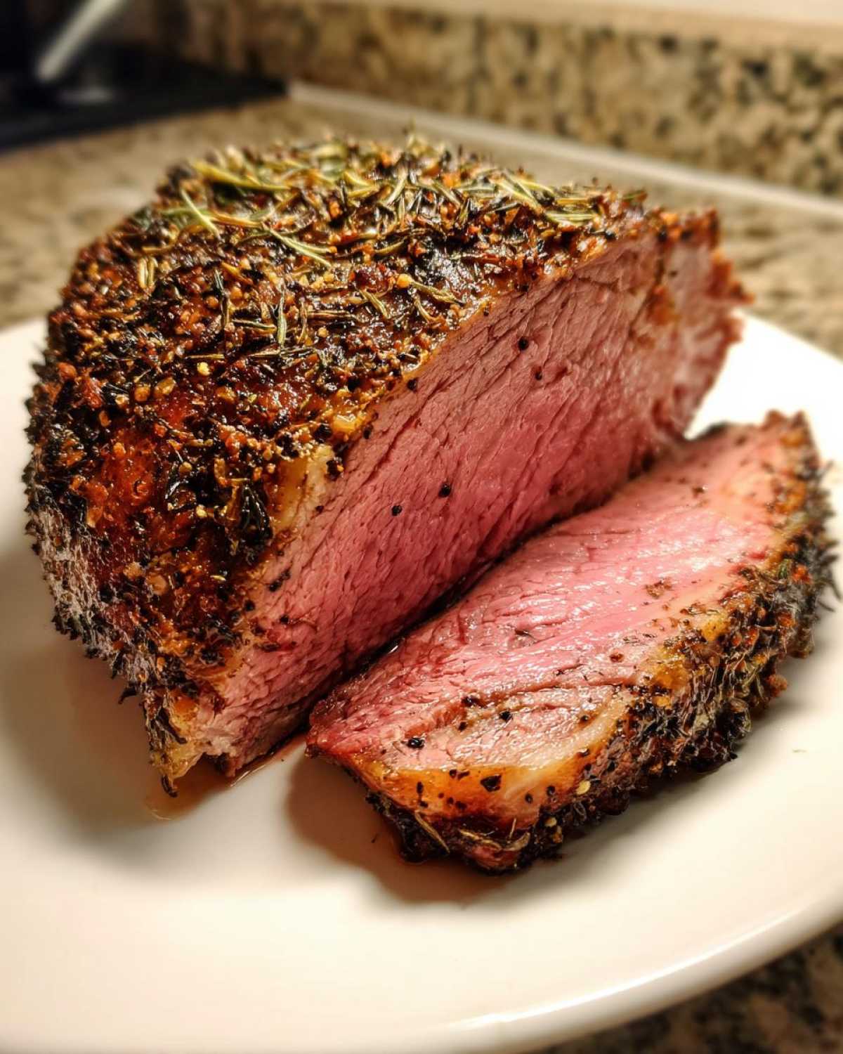 Close-up of a perfectly cooked prime rib recipe roast, sliced to show medium-rare interior and thick herb crust.