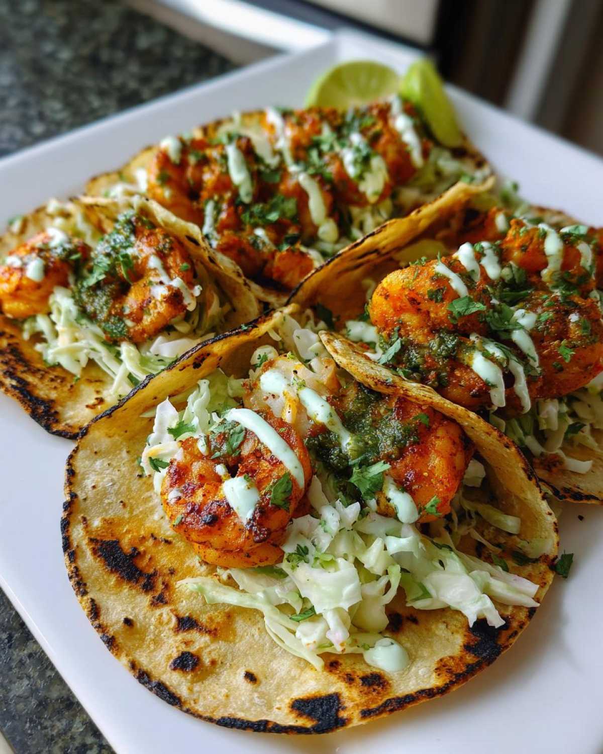 Close-up of four grilled shrimp taco servings filled with slaw, topped with cilantro, green sauce, and white drizzle.