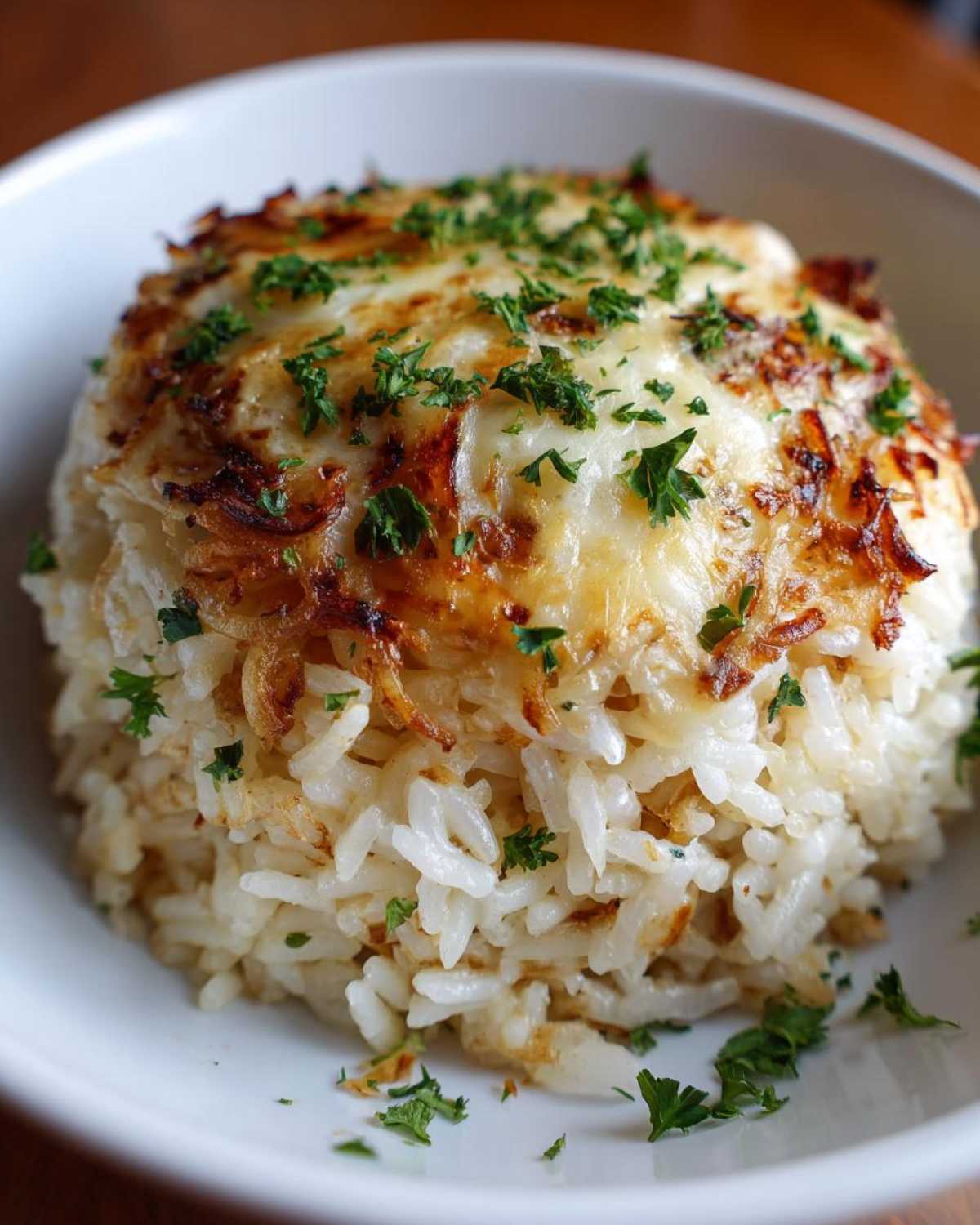 A mound of fluffy rice topped with melted, browned cheese and crispy onions, garnished with parsley, representing french onion butter rice.