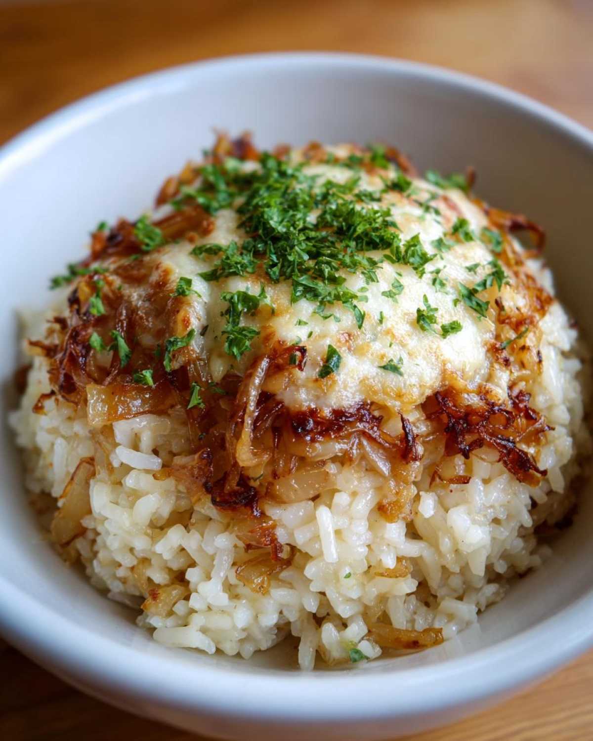 Close-up of french onion butter rice topped with melted cheese, caramelized onions, and fresh parsley.