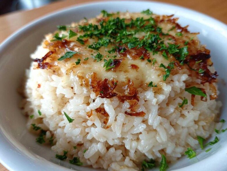 A close-up of a serving of fluffy french onion butter rice topped with melted cheese and crispy onions.