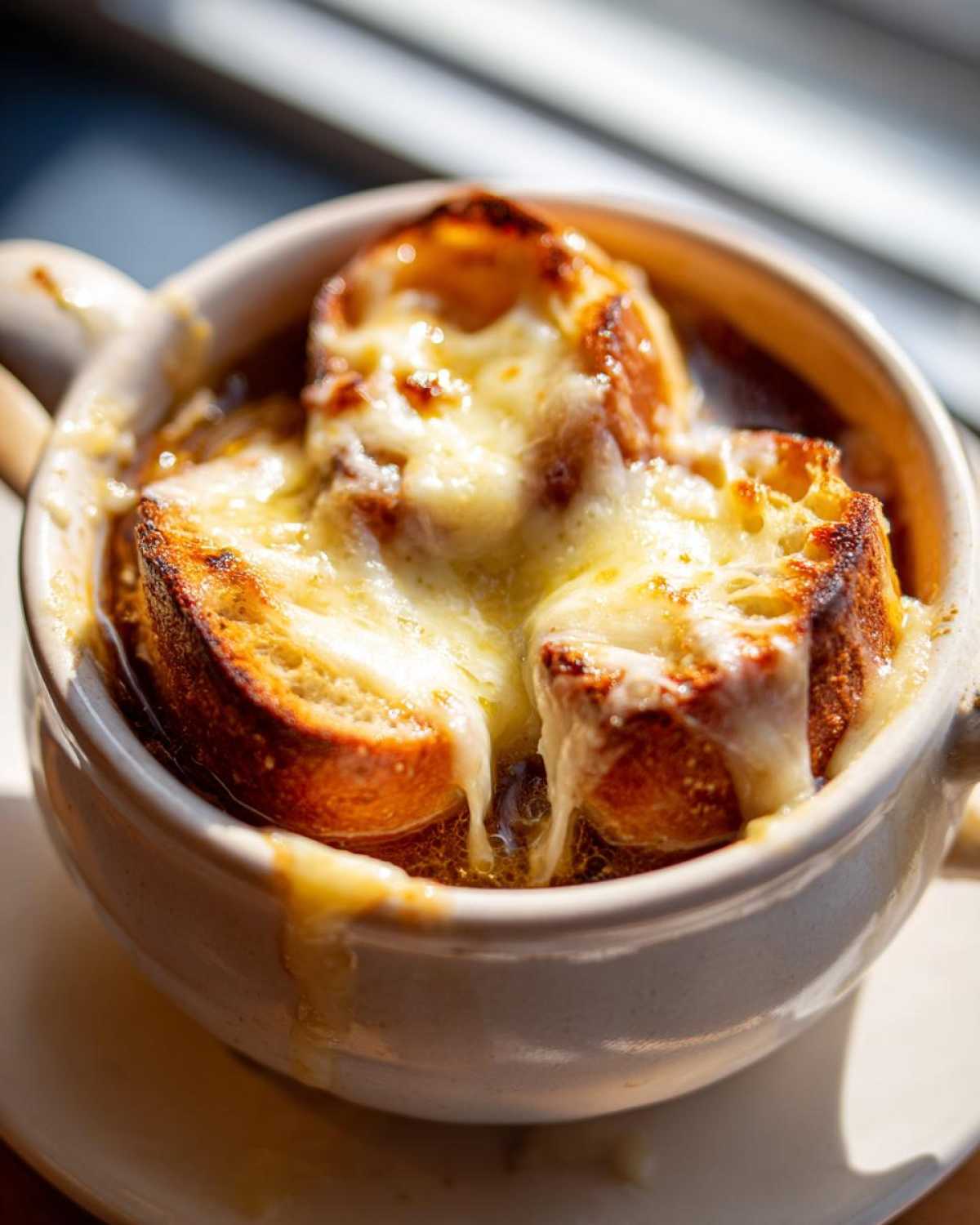 Close-up of a crock of rich french onion soup topped with toasted bread and bubbling, melted Gruyère cheese.