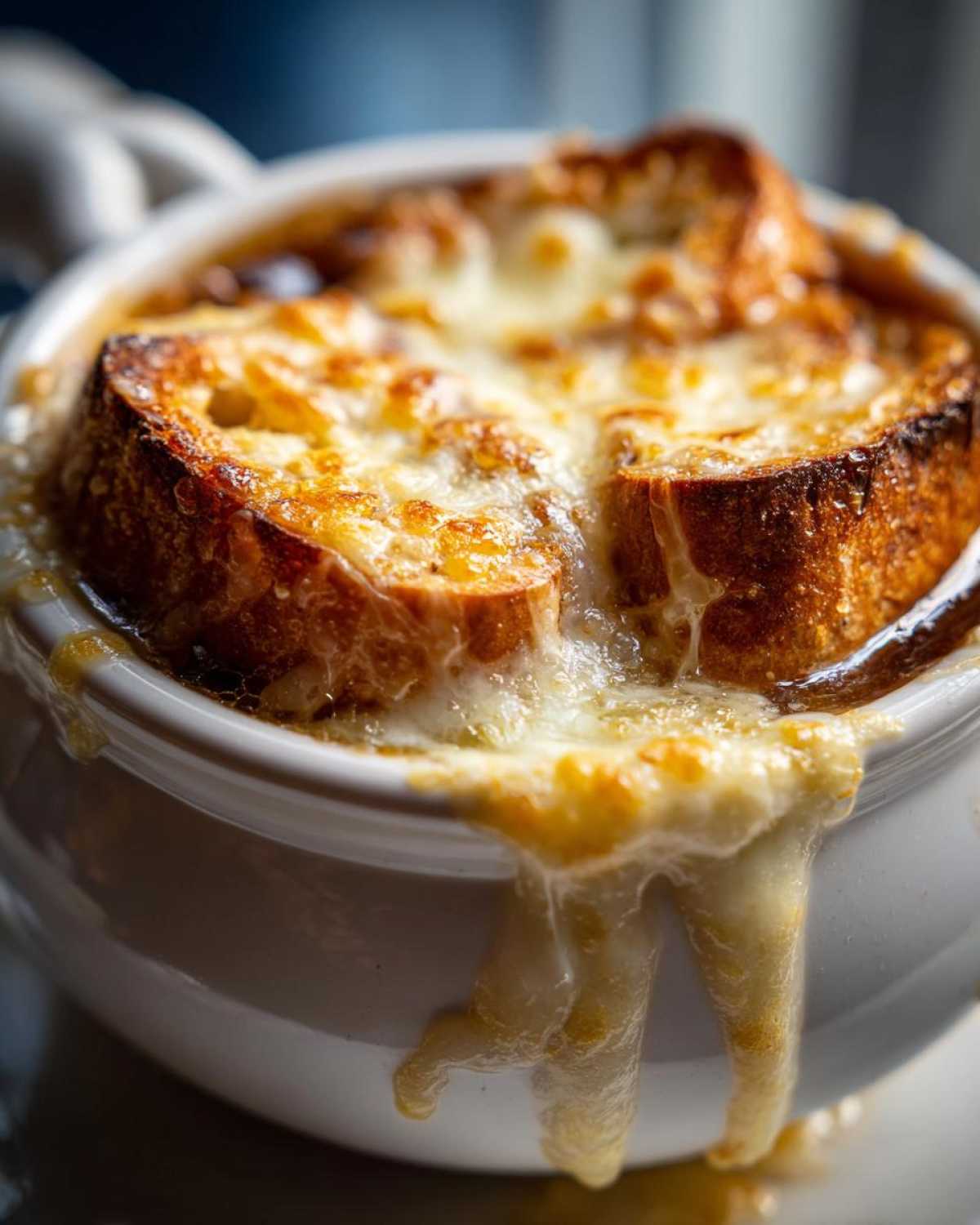 Close-up of a white crock filled with french onion soup, topped with a thick layer of melted, browned cheese and croutons.