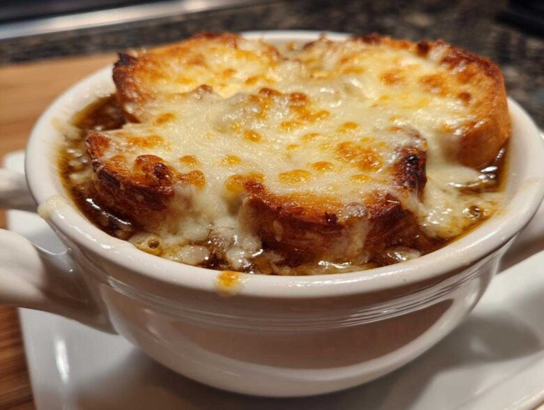 Close-up of a bowl of rich french onion soup topped with toasted bread and bubbly, melted Gruyère cheese.