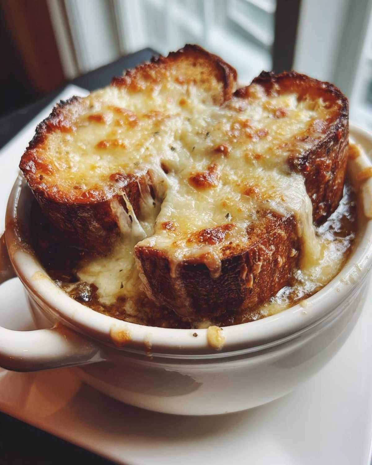 Close-up of a bowl of rich french onion soup topped with a thick, cheesy, broiled crouton.