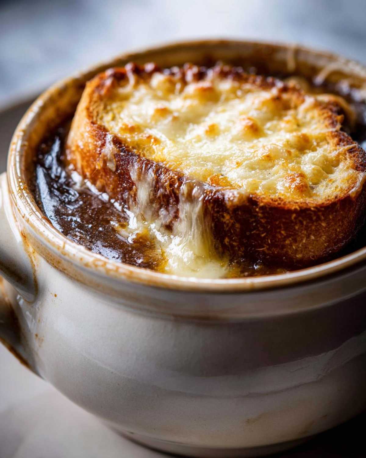 Close-up of a crock of rich french onion soup recipe topped with a thick slice of toasted bread covered in melted, bubbly Gruyère cheese.