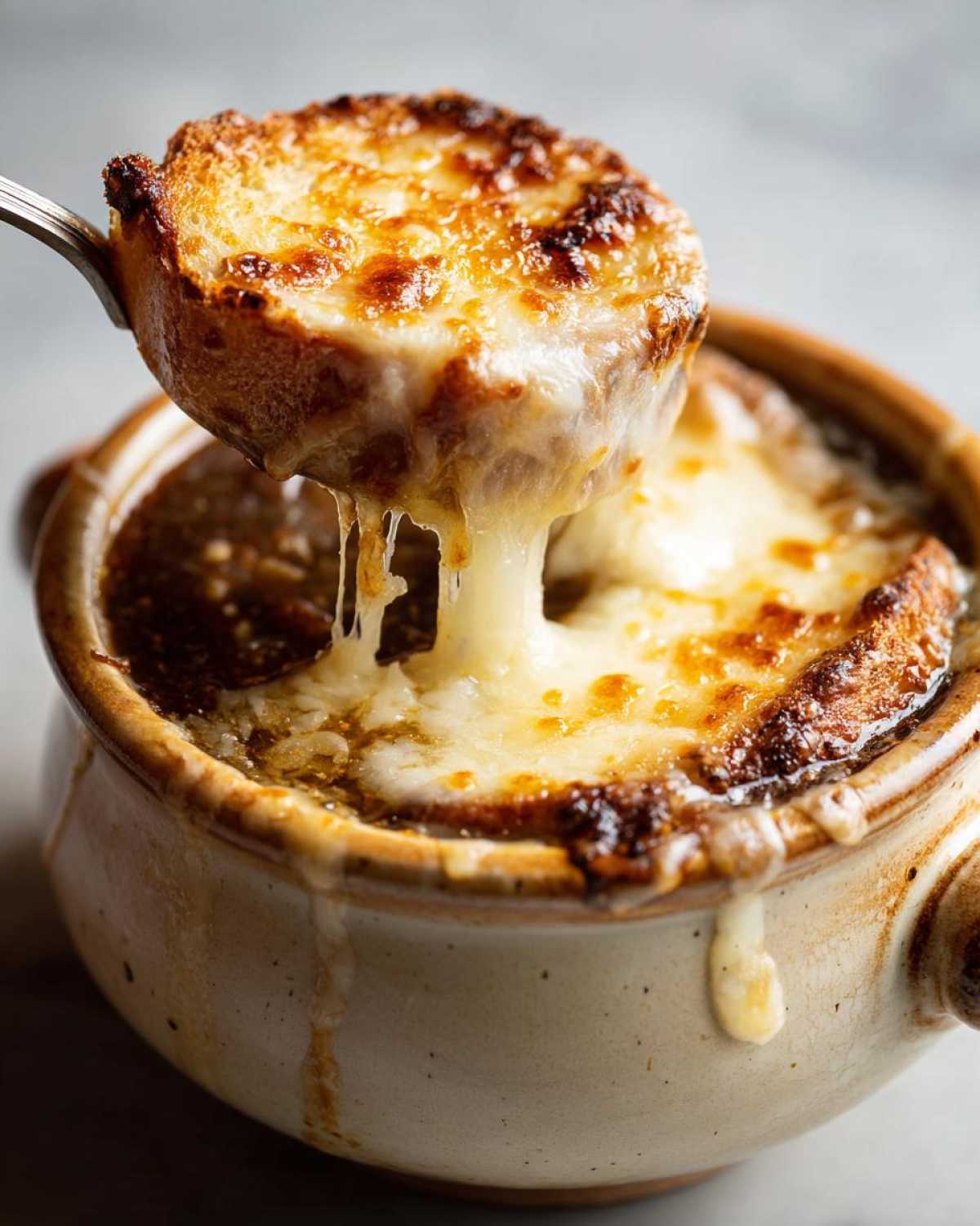 A spoonful of melted, browned cheese and crouton being lifted from a bowl of rich french onion soup recipe.