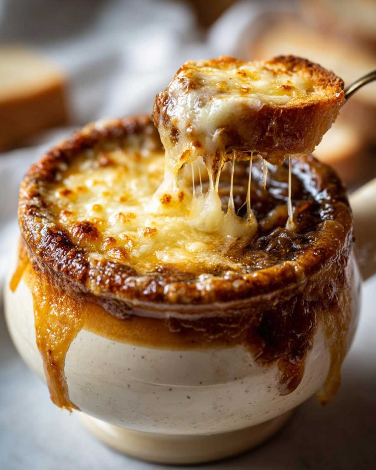 A spoonful of cheesy bread is lifted from a crock of bubbling french onion soup recipe, showing long cheese pulls.