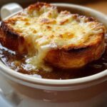 Close-up of a bowl of rich french onion soup recipe topped with a thick, cheesy, broiled crouton.