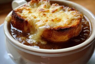 Close-up of a bowl of rich french onion soup recipe topped with a thick, cheesy, broiled crouton.