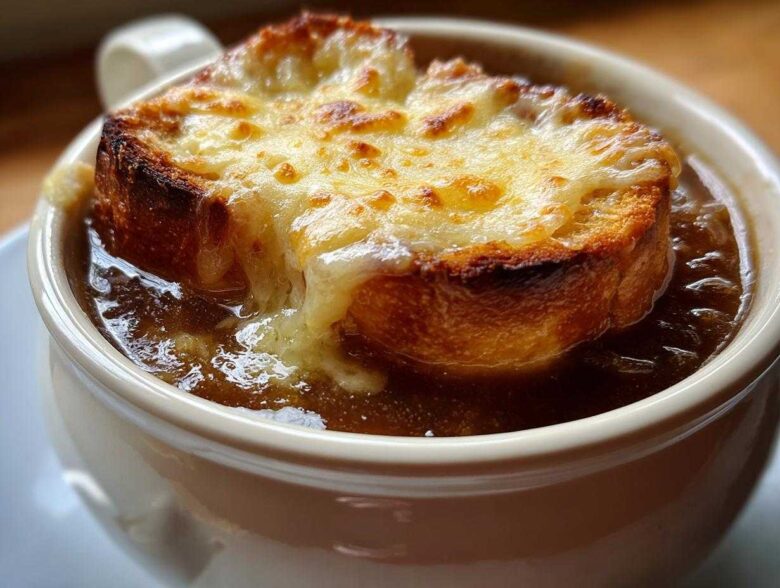 Close-up of a bowl of rich french onion soup recipe topped with a thick, cheesy, broiled crouton.