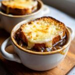 Close-up of a crock of rich french onion soup recipe topped with a toasted crouton and melted Gruyère cheese.