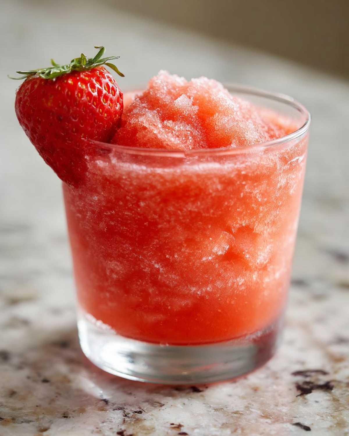 Close-up of a vibrant, icy strawberry daiquiri garnished with a fresh whole strawberry.