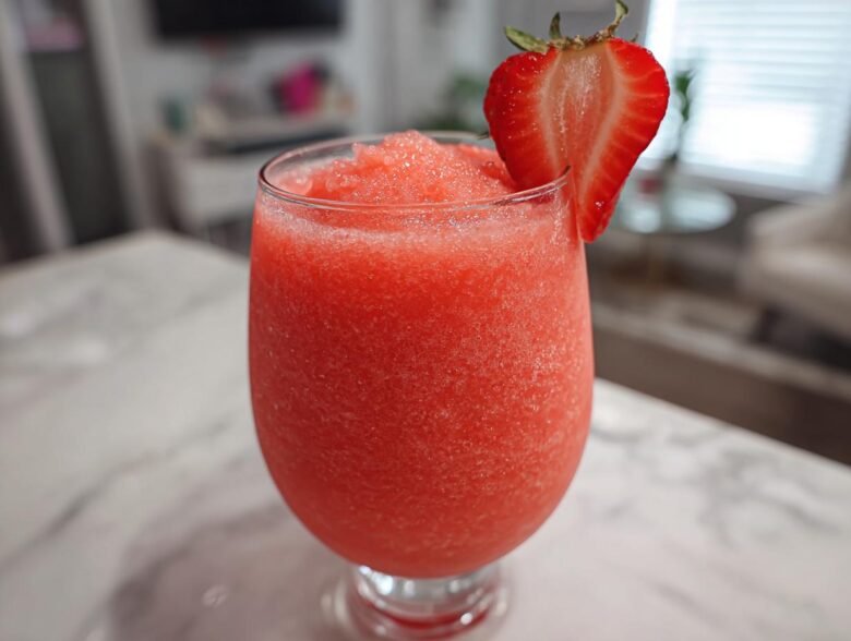 A vibrant, frozen strawberry daiquiri in a stemmed glass, garnished with a fresh strawberry slice.