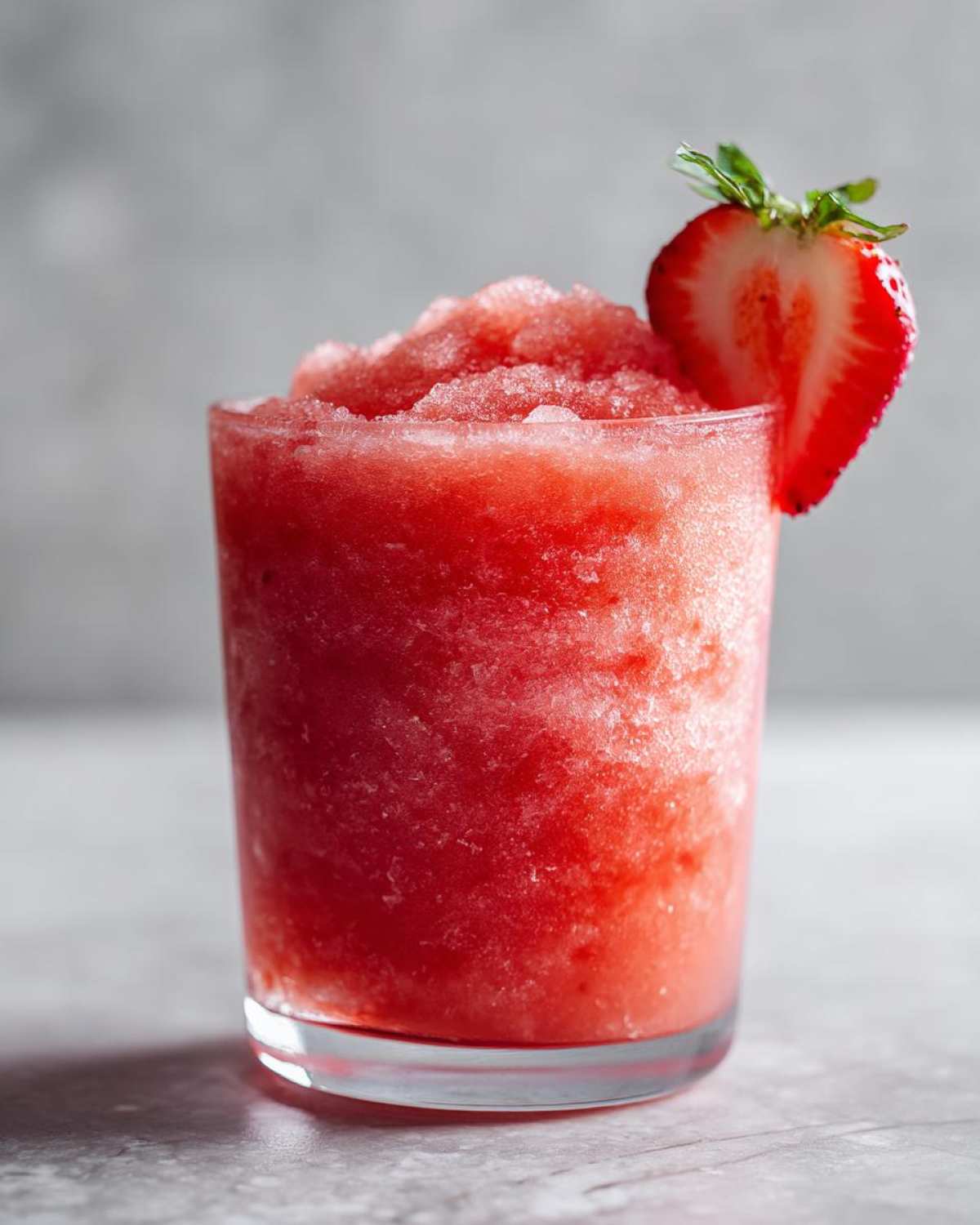 Close-up of a vibrant, frozen strawberry daiquiri garnished with a fresh strawberry slice.