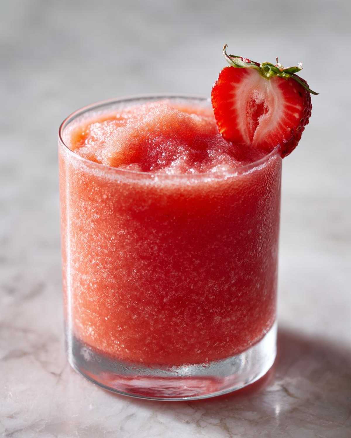 Close-up of a bright red, frozen strawberry daiquiri garnished with a fresh strawberry slice.