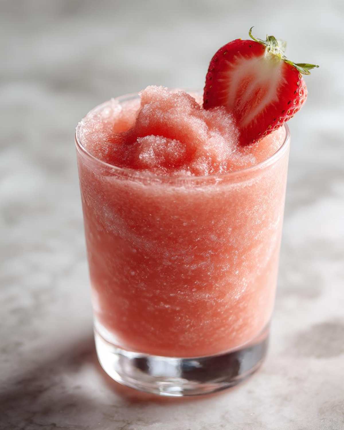 Close-up of a frozen strawberry daiquiri in a glass, topped with a fresh strawberry slice.