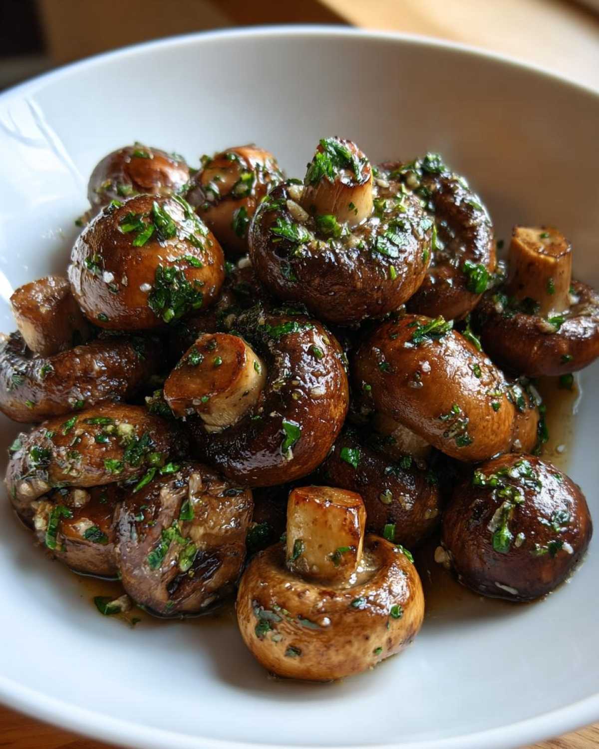 Close-up of sautéed whole brown mushrooms coated in glossy garlic butter and fresh parsley, ready to serve.