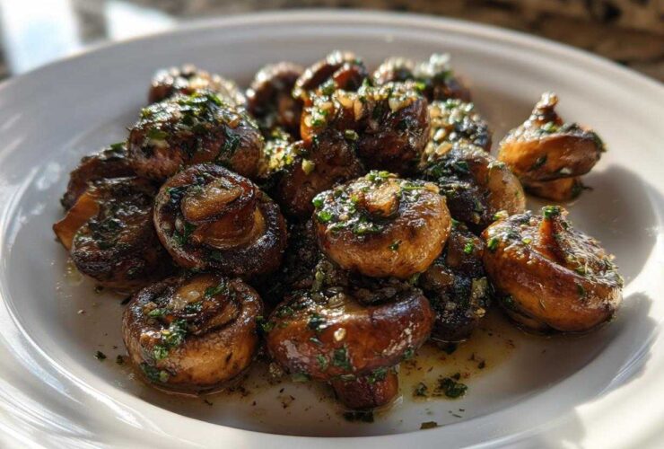 A close-up of savory, browned garlic butter mushrooms garnished with fresh parsley, ready to eat.