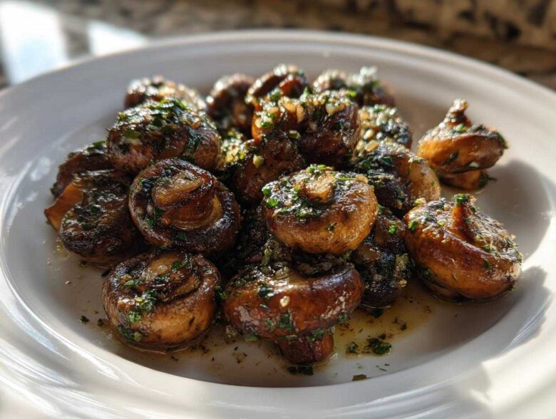 A close-up of savory, browned garlic butter mushrooms garnished with fresh parsley, ready to eat.