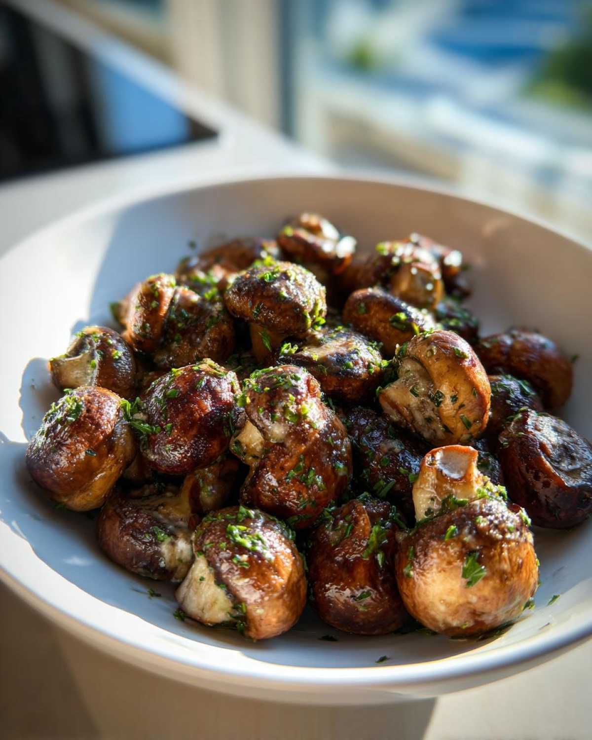 A close-up of a white bowl filled with glossy, sautéed garlic butter mushrooms topped with fresh parsley.