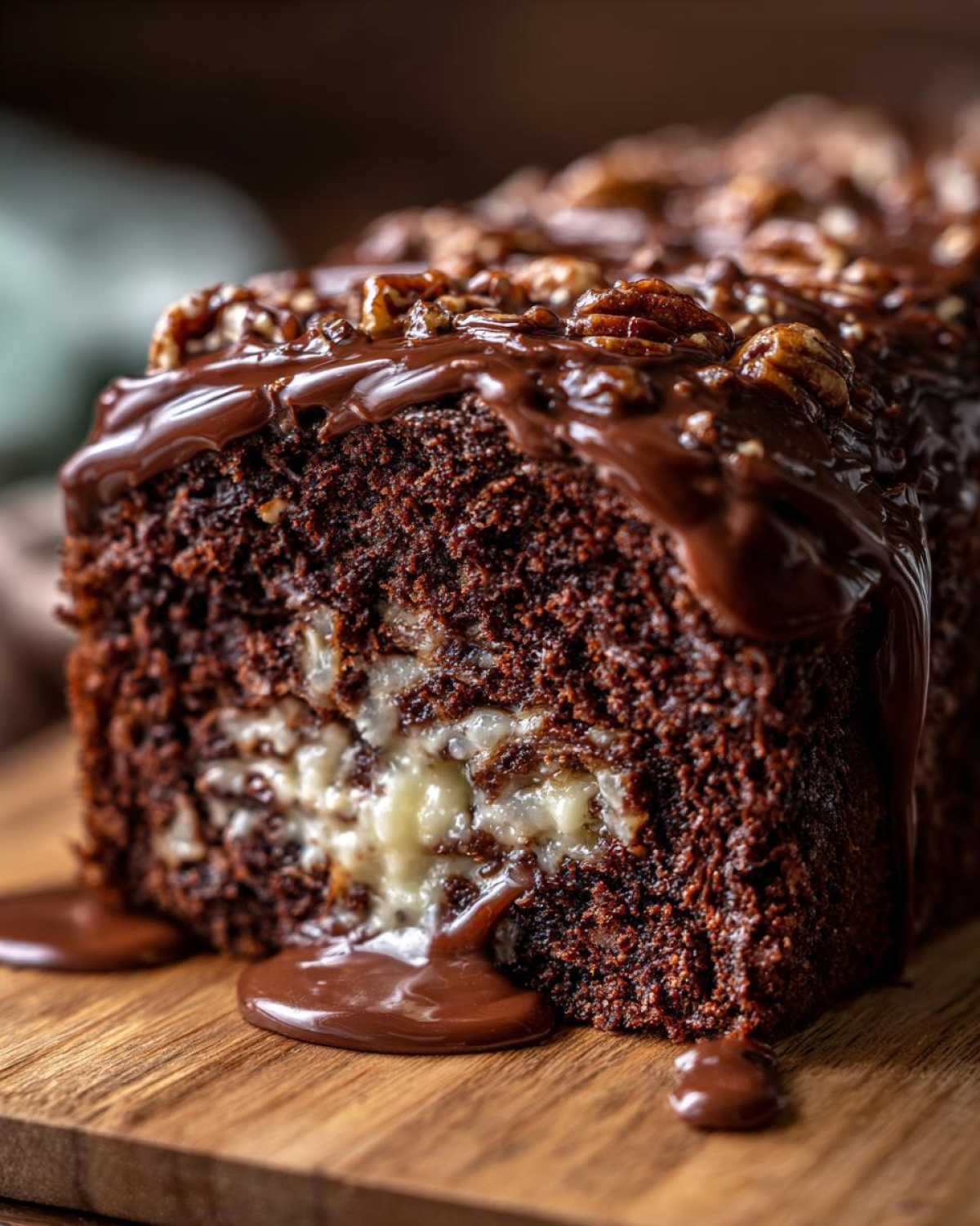Close-up of a rich, moist slice of german chocolate poke cake oozing with white filling and topped with chocolate glaze and pecans.