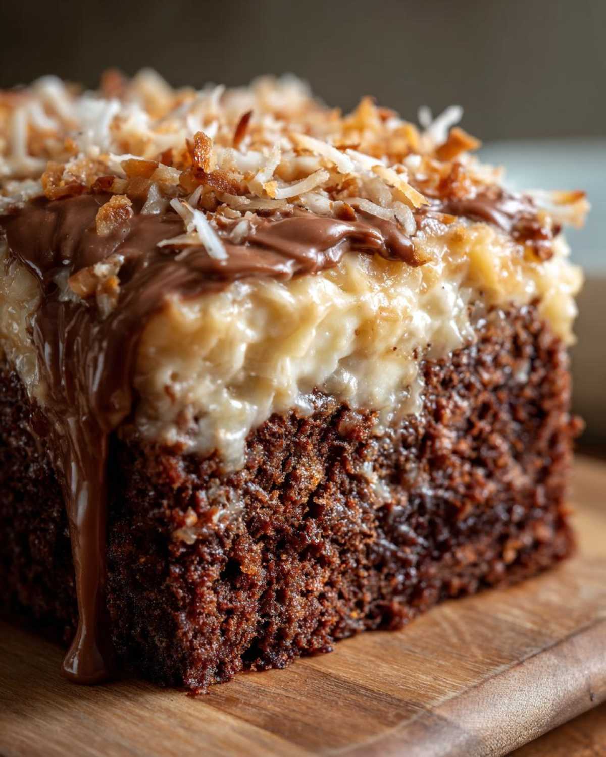 A close-up shot of a rich slice of german chocolate poke cake with gooey coconut pecan frosting and chocolate drizzle.