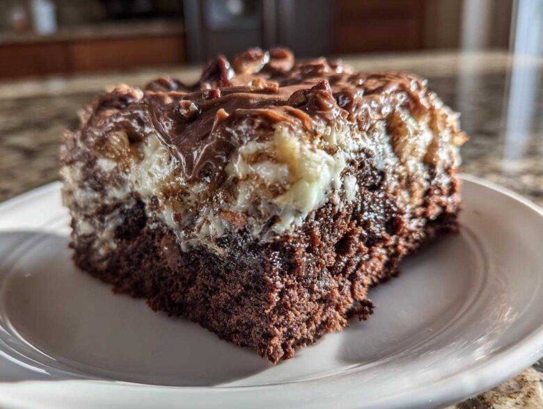 Close-up of a rich, moist slice of german chocolate poke cake with gooey topping on a white plate.