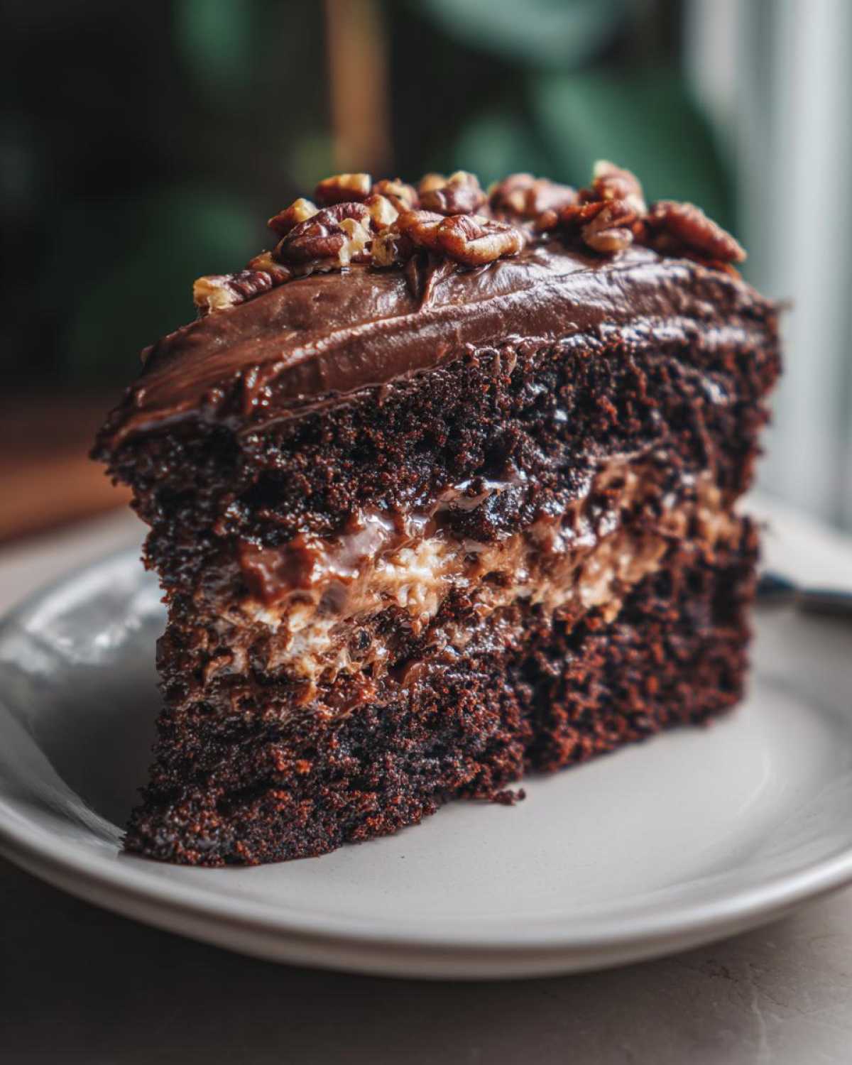 A rich, moist slice of german chocolate poke cake layered with filling and topped with chocolate frosting and pecans.