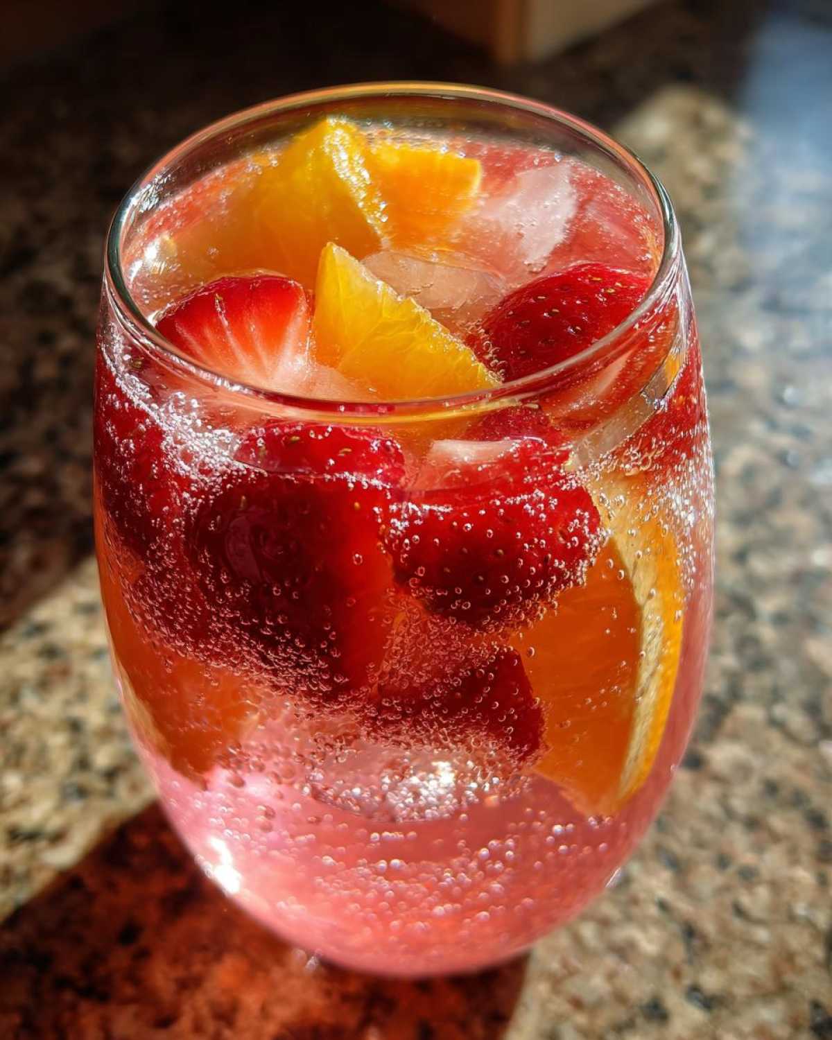 Close-up of a glass filled with bubbly pink champagne punch, ice, strawberries, and orange slices.