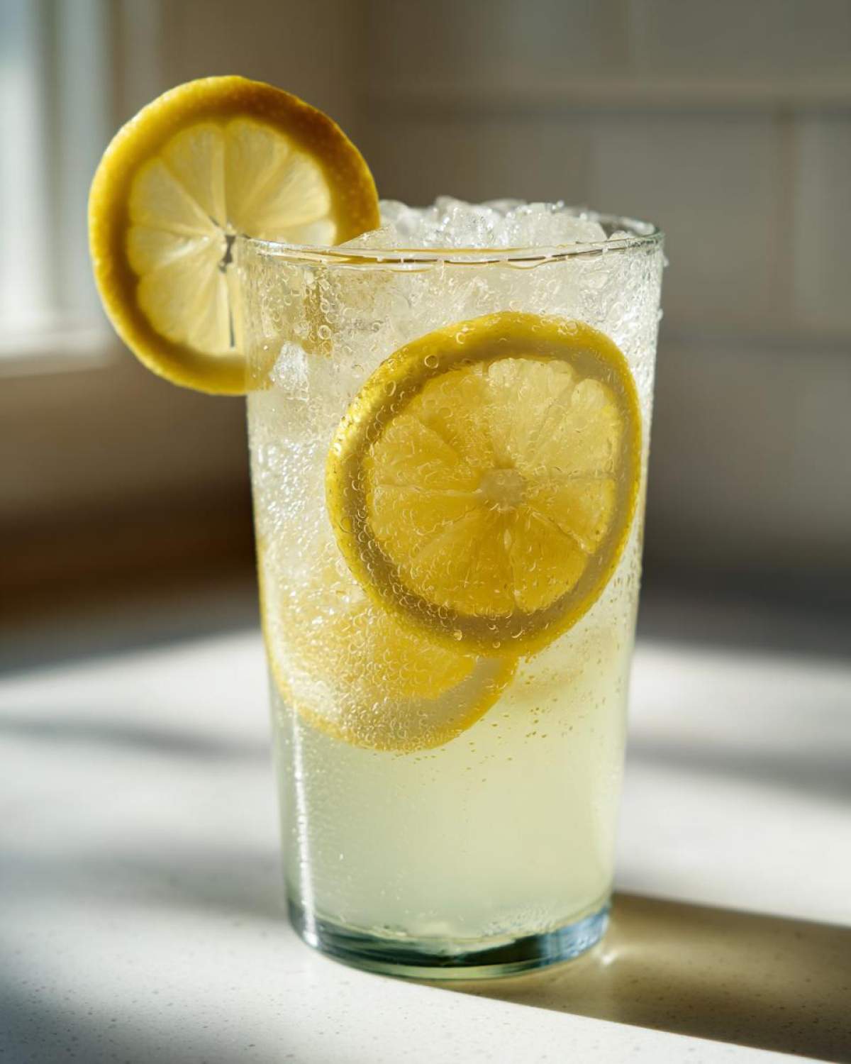Close-up of a tall glass filled with bubbly lemonade, crushed ice, and garnished with fresh lemon slices.