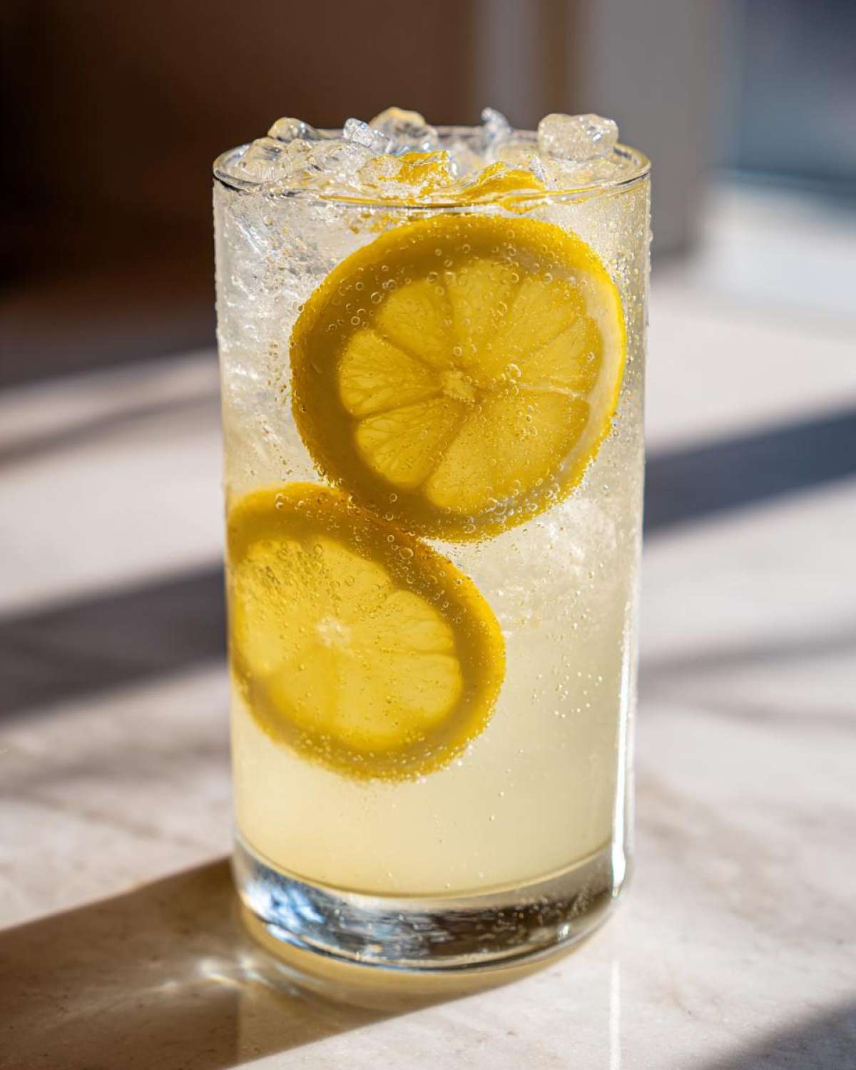 Close-up of a tall glass filled with bubbly lemonade, ice, and two bright lemon slices.