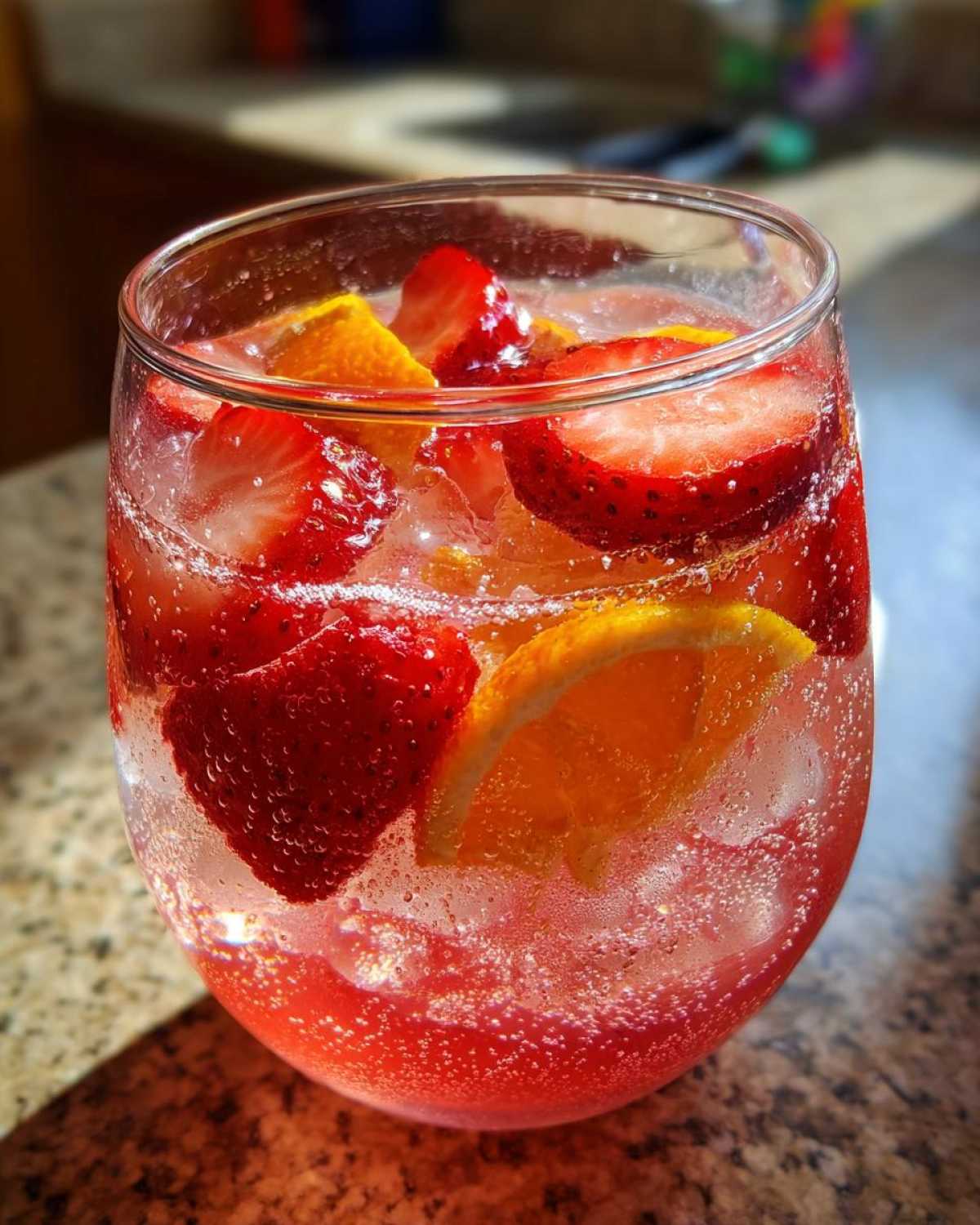 Close-up of a glass filled with bubbly champagne punch, ice, sliced strawberries, and orange wedges.