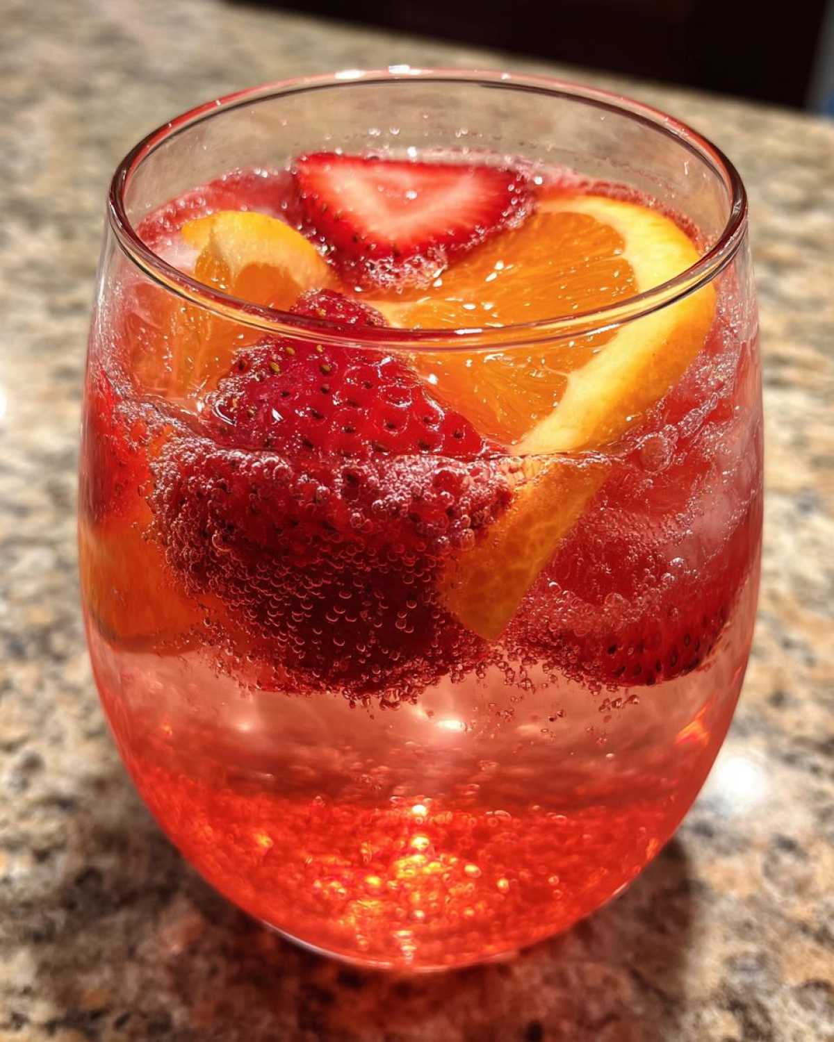 Close-up of a glass filled with bubbly, red champagne punch garnished with fresh orange slices and strawberries.