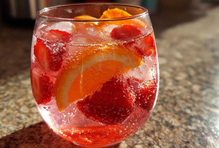 Close-up of a glass filled with bubbly champagne punch, ice, sliced strawberries, and orange wedges.