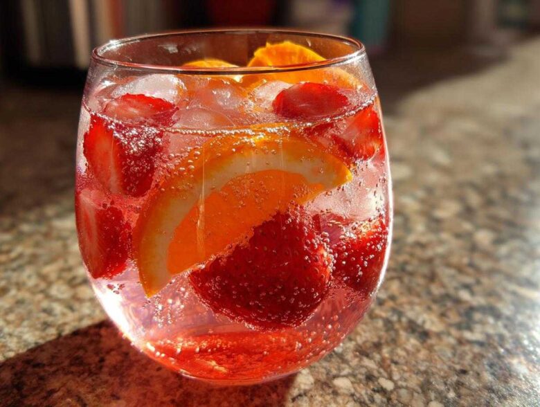 Close-up of a glass filled with bubbly champagne punch, ice, sliced strawberries, and orange wedges.