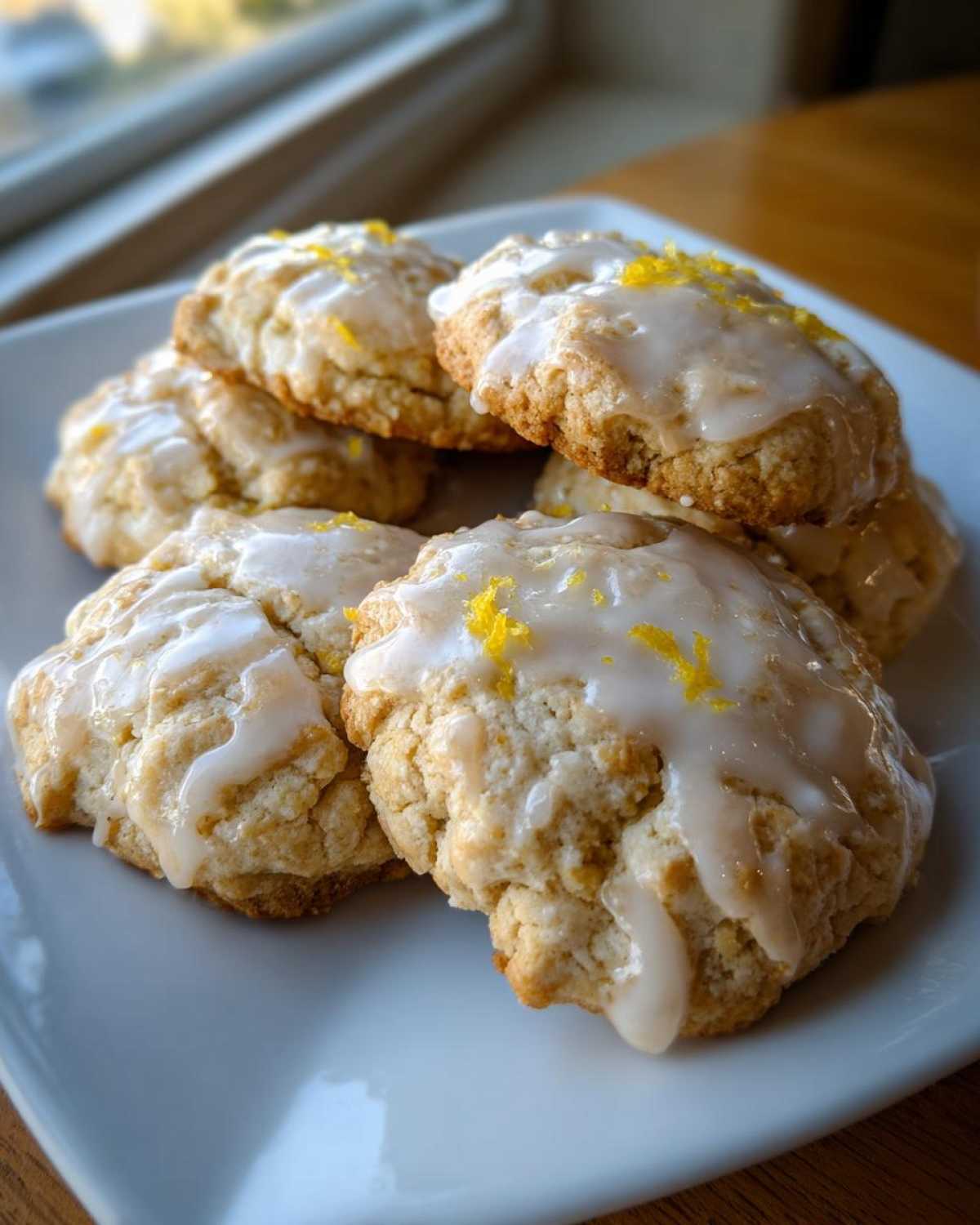 A stack of freshly baked Earl Grey cookies topped with a white glaze and bright yellow lemon zest.