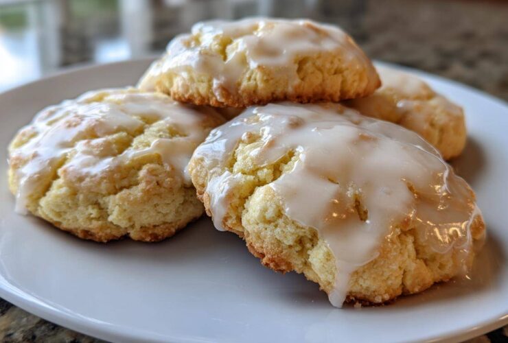 Close-up of four delicious earl grey cookies topped with a thick white glaze, resting on a white plate.