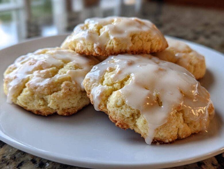 Close-up of four delicious earl grey cookies topped with a thick white glaze, resting on a white plate.
