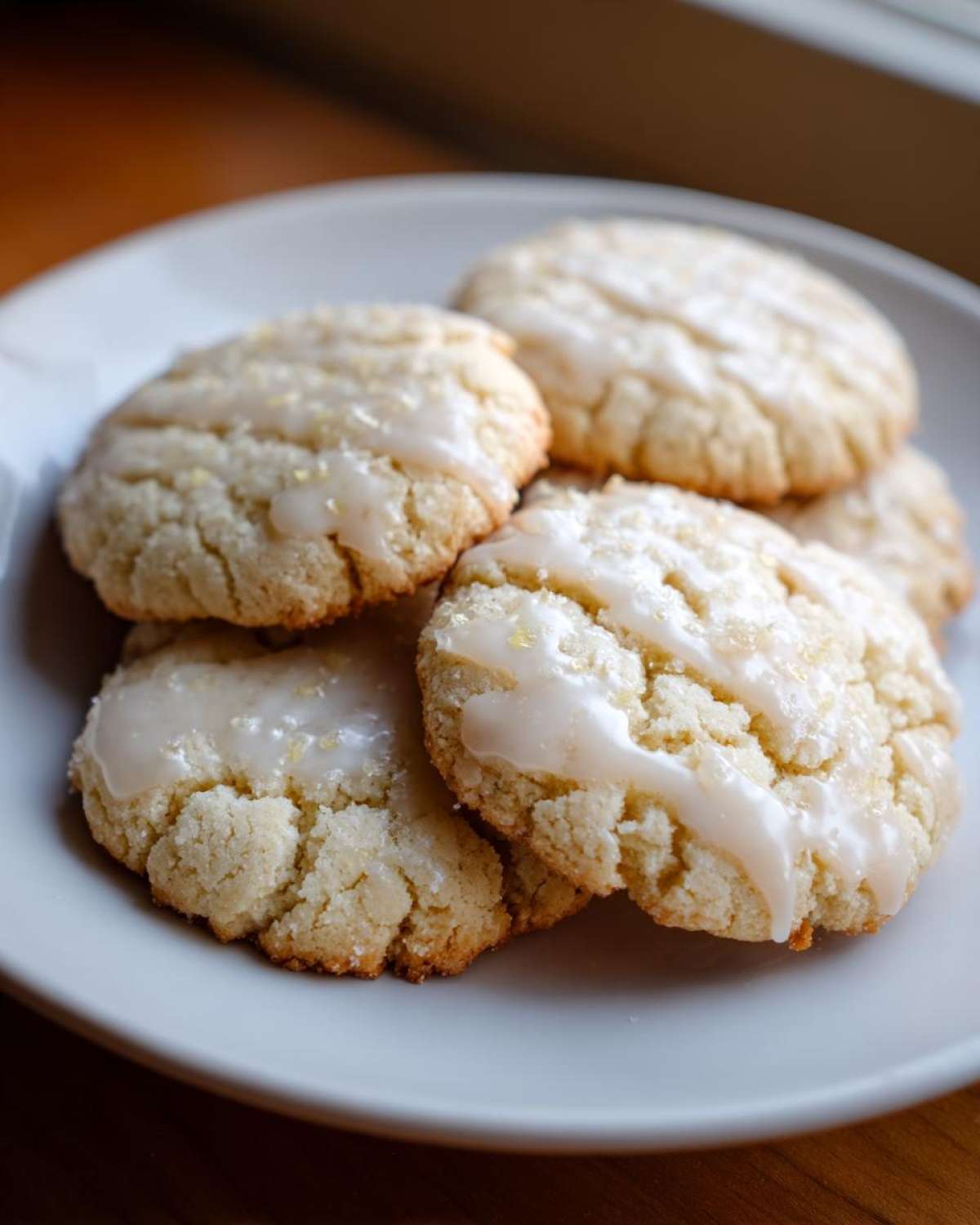 A stack of soft, crinkled Earl Grey cookies topped with a thin white glaze and lemon zest.