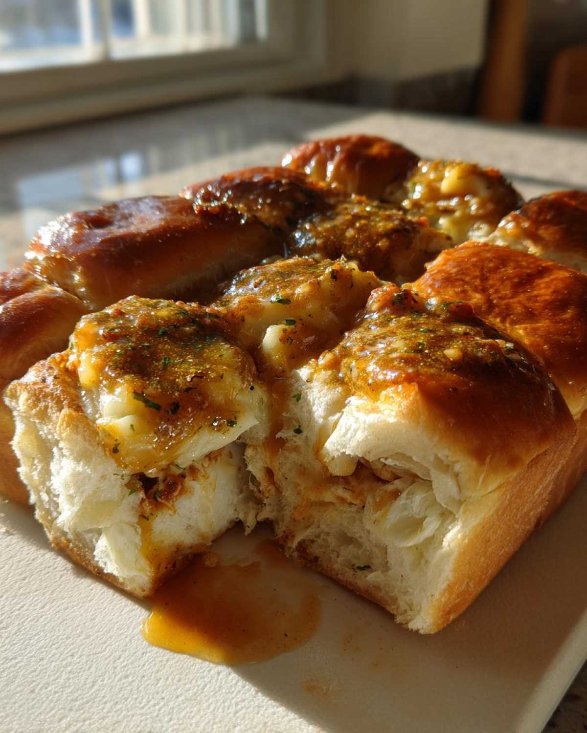 Close-up of baked grinder sliders pulled apart, showing soft interior and savory, glazed topping.