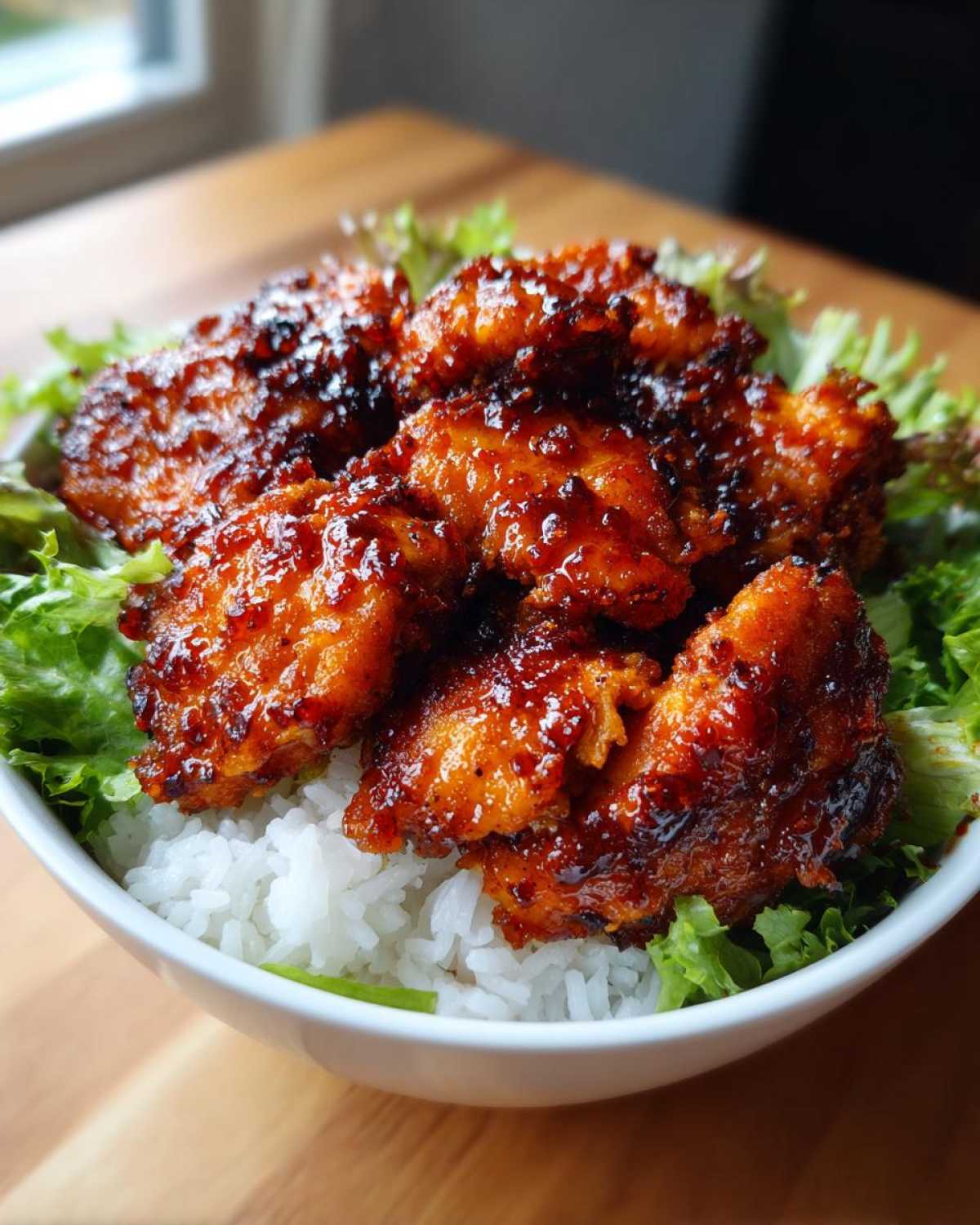 Close-up of glazed, spicy harissa chicken pieces served over white rice and lettuce in a white bowl.