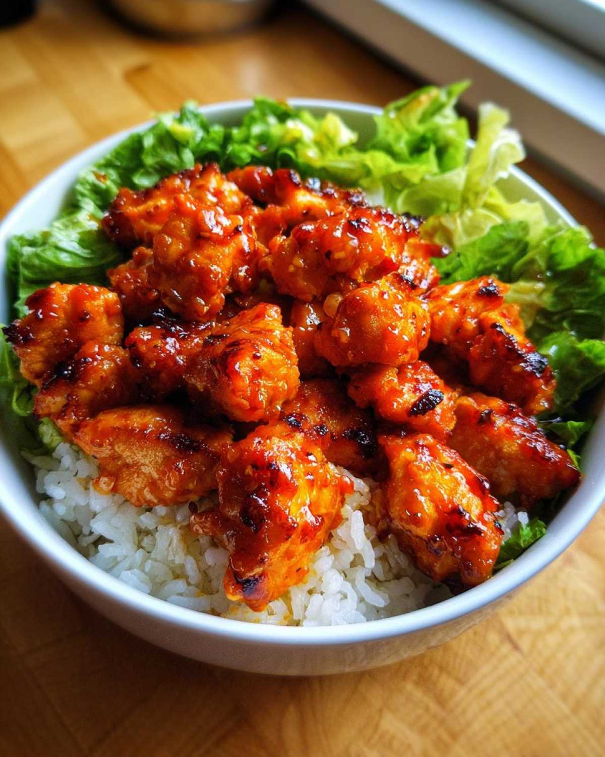 Close-up of glazed, bright orange harissa chicken pieces served over white rice and garnished with fresh lettuce.
