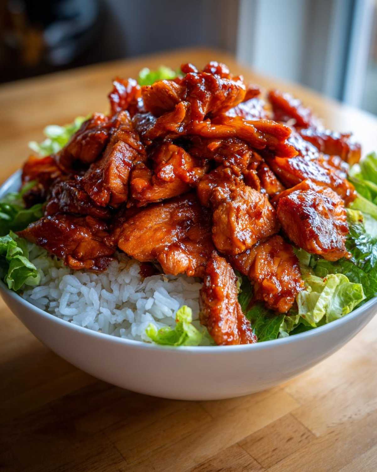 Close-up of a bowl featuring sticky, glazed harissa chicken piled high over white rice and crisp lettuce.